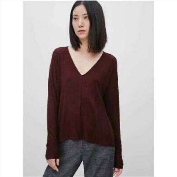 Wilfred rust burgundy lightweight rayon wool blend Deep V long sleeve tee Large - Picture 13 of 13